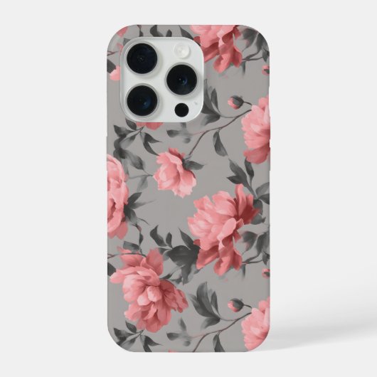 ロマンティックなダスティピンクの芍薬グレー花柄 iPhoneケース (裏面)