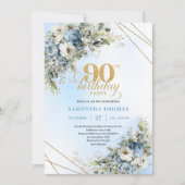 ロマンティックなダスティブルーと白の花柄 90歳の誕生日 招待状 (正面)