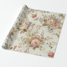 ロマンティックなバラと野の花 ヴィンテージ ガーランド ラッピングペーパー