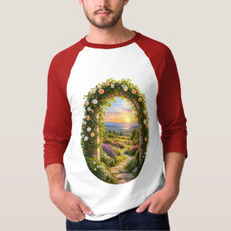ロマンティックなバラの庭の石造アーチと山々の日の出 Tシャツ