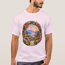 ロマンティックなバラ園のアーチ 山の湖 日の出 Tシャツ