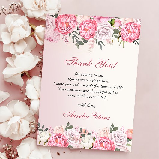 ロマンティックなパステルローズのスイート16 サンクスカード 招待状