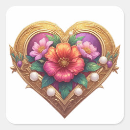 ロマンティックなパーティーにゴールドの花のハートの紋章🌹 スクエアシール