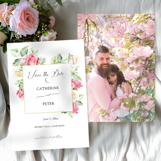 ロマンティックなピンクとアイボリーの水彩バラの結婚式 セーブザデート