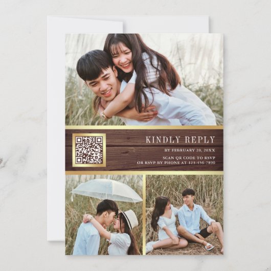 ロマンティックなピンクと赤のバラのQRコード ウェディング ウッド 招待状 (裏面)