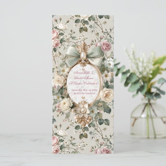 ロマンティックなピンクのバラのブライダルシャワープログラムカード プログラム (スタンド正面)
