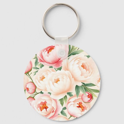 ロマンティックなピンクの芍薬模様 キーホルダー (正面)