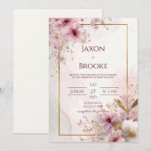 ロマンティックなピンクの花とゴールドフレームの結婚式 招待状 (正面/裏面)