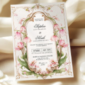 ロマンティックなピンクの花と緑のウェディング招待状 招待状