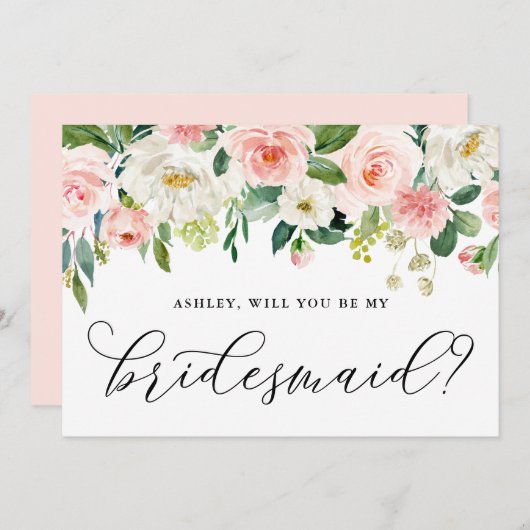 ロマンティックなピンクの花 あなたは私のブライズメイドになってくれる？ 招待状 (正面/裏面)