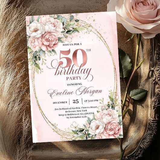 ロマンティックなピンクユーカリの50歳の誕生日招待状 招待状