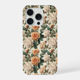 ロマンティックなピーチ・芍薬・アイボリーのフラワーパターン iPhone 15 PROケース