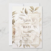 ロマンティックなベージュの芍薬 フラワーベース ヴィンテージ 秋のウェディング セーブザデート (正面)