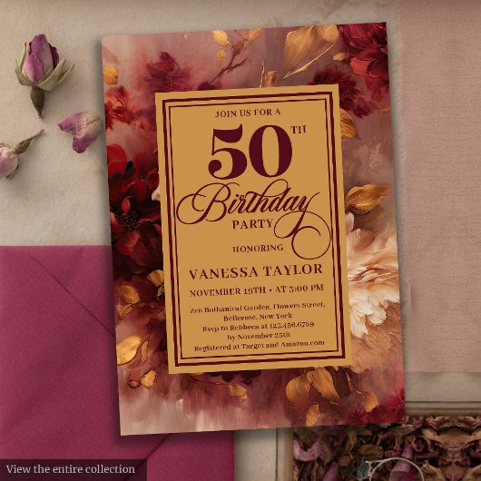 ロマンティックなマルサラピンクゴールドの花の50歳の誕生日  招待状