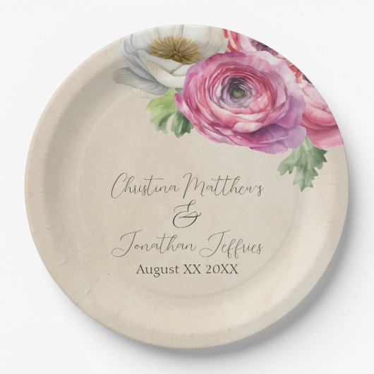 ロマンティックなルスティックピンク＆ホワイトのラナンキュラス ペーパープレート (正面)