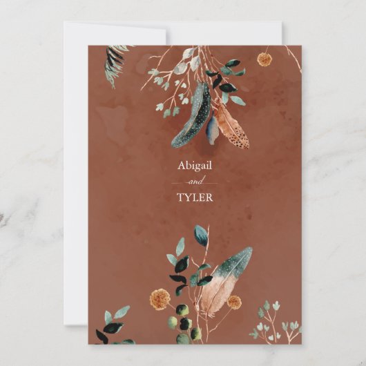 ロマンティックなルスティックフェザー & ヴィンテージフローラル 招待状 (正面)