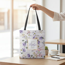 ロマンティックなルースティック パープル フローラル バーン ウッド モノグラム トートバッグ