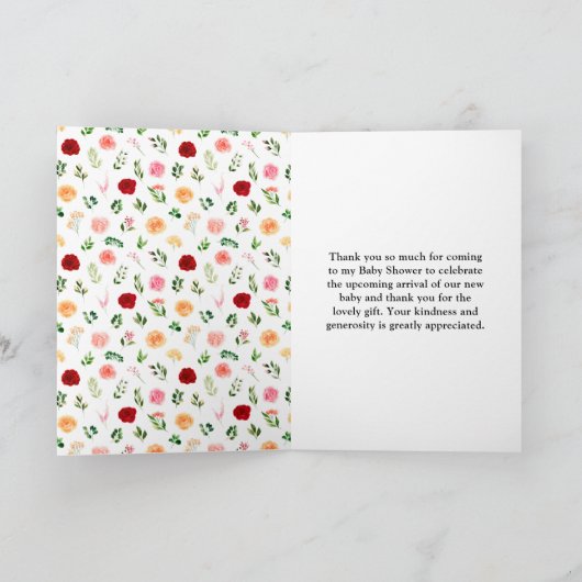 ロマンティックなローズの花のベイビーシャワー サンキューカード (内部)