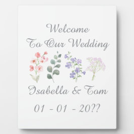 ロマンティックなワイルドフラワーの植物学的な結婚式ウェルカムサイン フォトプラーク
