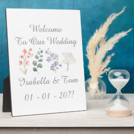 ロマンティックなワイルドフラワーの植物学的な結婚式ウェルカムサイン フォトプラーク