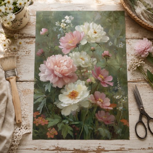 ロマンティックなヴィンテージの芍薬と野の花のデコパージュ 薄葉紙