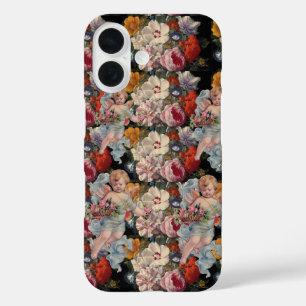 ロマンティックな天使がピンクのバラと花を集める iPhone 16ケース