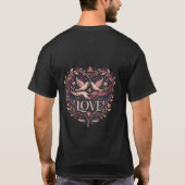 ロマンティックな恋する小鳥のハートの花模様のバレンタインデー  Tシャツ (裏面)