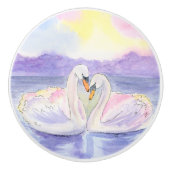 ロマンティックな日没の白鳥の水彩装飾 セラミックノブ (正面)