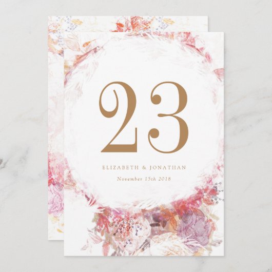 ロマンティックな春のピンクの花のテーブルナンバー 招待状 (正面/裏面)