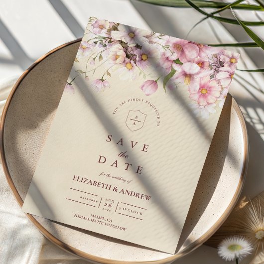 ロマンティックな春の花嫁衣裳の結婚式 セーブザデート