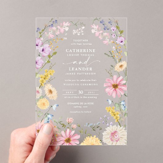 ロマンティックな春の野の花の草原の結婚式 アクリル招待状 (インサイチュ (ポータブル))