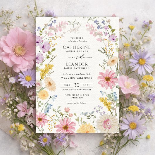 ロマンティックな春の野の花の草原の結婚式 招待状