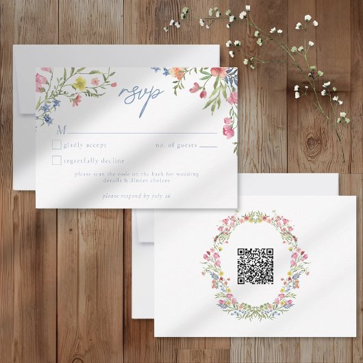 ロマンティックな春の野生の花の庭の結婚式QR 出欠カード