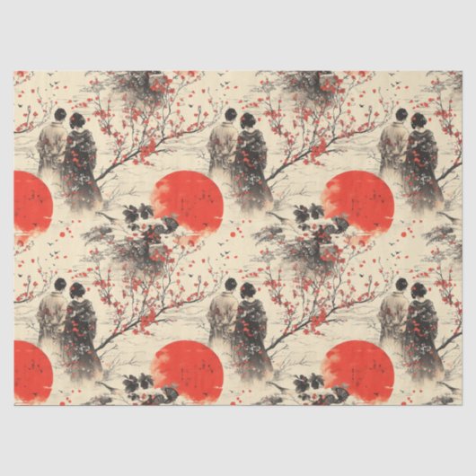 ロマンティックな桜着物カップルパターン (3) 薄葉紙 (正面)