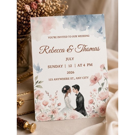 ロマンティックな水彩のカップルと花の結婚式 招待状