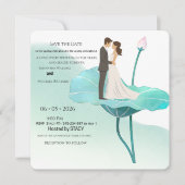 ロマンティックな水彩「Save the Date」カード - 花嫁と 招待状 (正面)