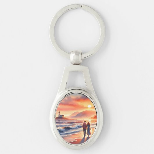 ロマンティックな海岸の夕日と灯台の散歩 キーホルダー (正面)