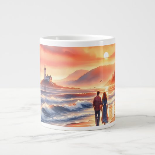 ロマンティックな海岸の夕日と灯台の散歩 ジャンボコーヒーマグカップ (正面)