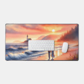 ロマンティックな海岸の夕日と灯台の散歩 デスクマット (キーボード&マウス)