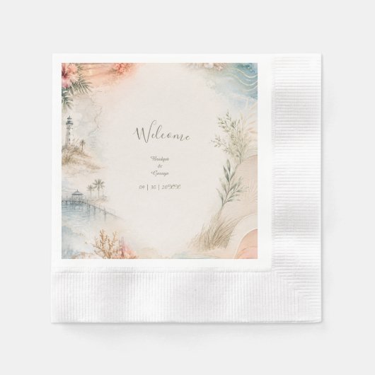 ロマンティックな海岸の結婚式 貝殻の楽園 縁ありカクテルナプキン (正面)