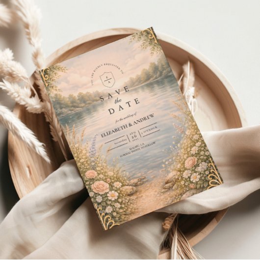 ロマンティックな湖の野生の花の森の結婚式 セーブザデート