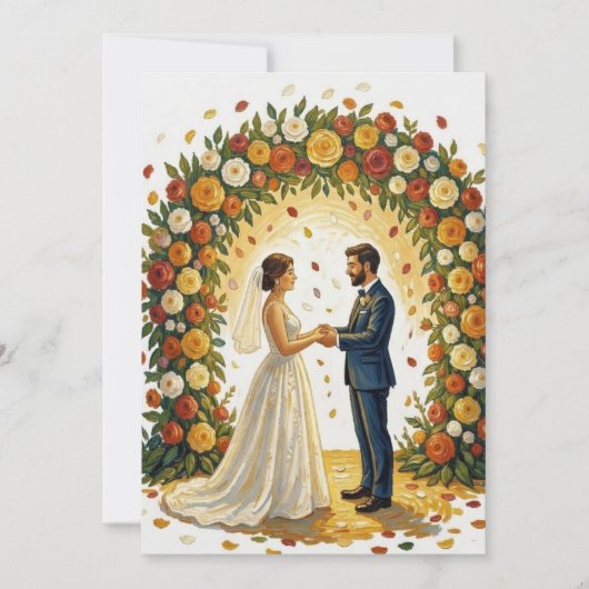 ロマンティックな結婚式のアーチ ゴールデンローズ カップル 招待状 (正面)