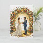ロマンティックな結婚式のアーチ ゴールデンローズ カップル 招待状 (スタンド正面)