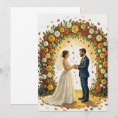 ロマンティックな結婚式のアーチ ゴールデンローズ カップル 招待状 (正面/裏面)