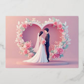 ロマンティックな結婚式のカップルのシルエット 箔招待状 (正面)