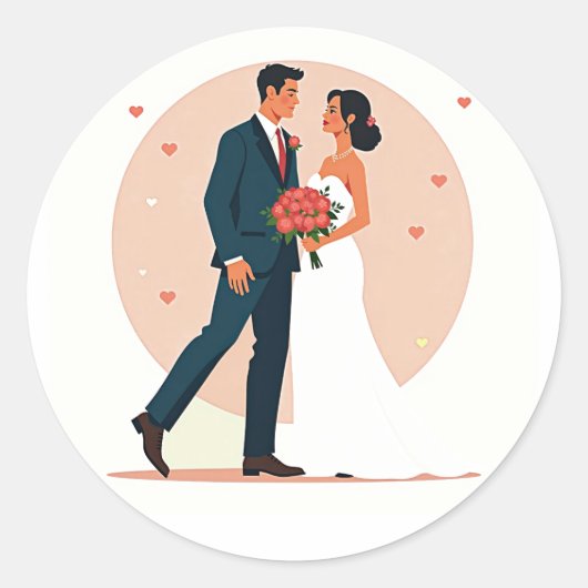 ロマンティックな結婚式のカップルステッカー ラウンドシール (正面)