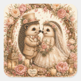 ロマンティックな結婚式のハリネズミのカップルと花々 スクエアシール