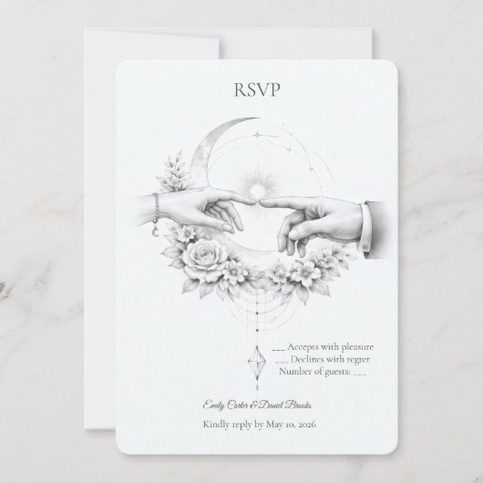 ロマンティックな結婚式の手のミニマリストデザインRSVP 招待状 (正面)