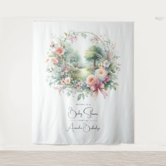 ロマンティックな花のベビーシャワーウェルカム タペストリー (正面)