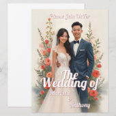 ロマンティックな花柄の結婚式招待状 ヴィンテージスタイル (正面/裏面)